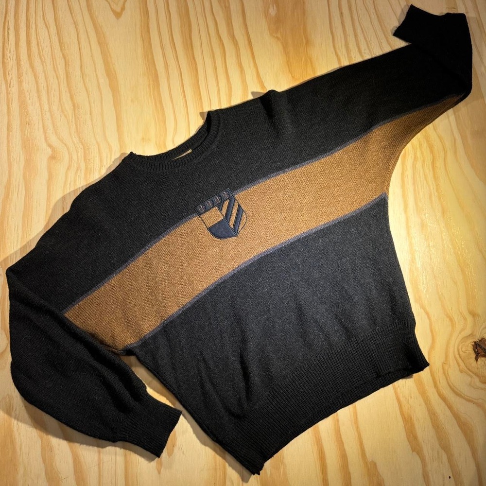 Balko Vintage West Germany Crest Knit Sweater Black Tan Size 36 Small Mens